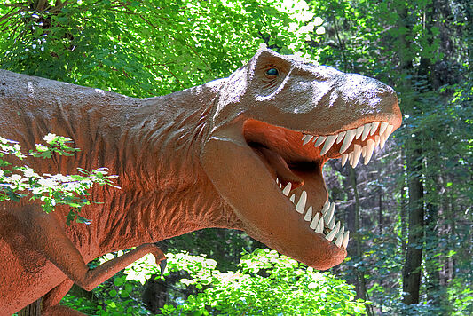 Tyrannosaurus Rex kommt von links aus dem Wald auf den Weg