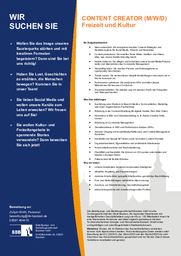 Stellenausschreibung als PDF-Dokument zum Herunterladen: Content Creator (m/w/d) Freizeit und Kultur