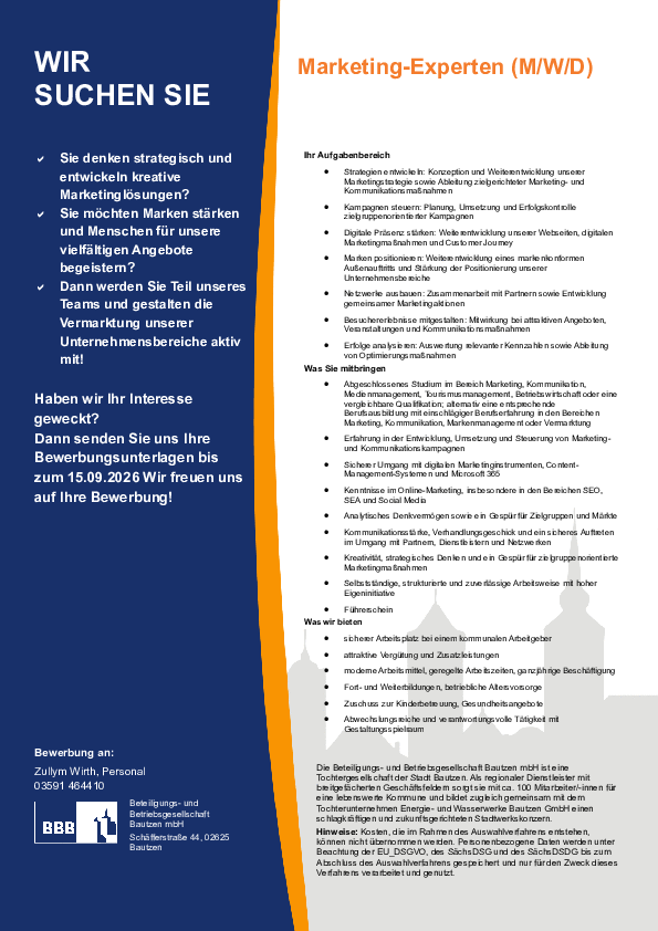 Stellenausschreibung als PDF-Dokument zum Herunterladen: Marketing Experte (m/w/d)