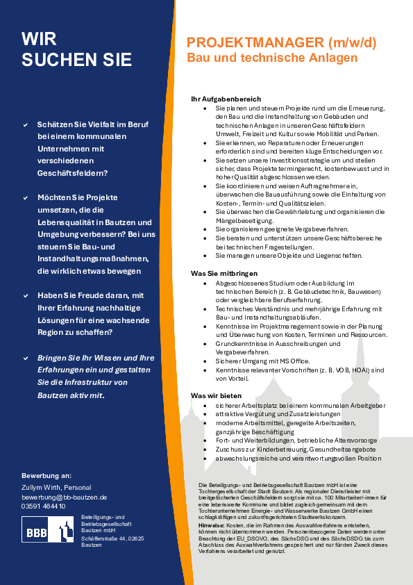 Stellenausschreibung als PDF-Dokument zum herunterladen: Projektmanager (m/w/d) Bau und technische Anlagen