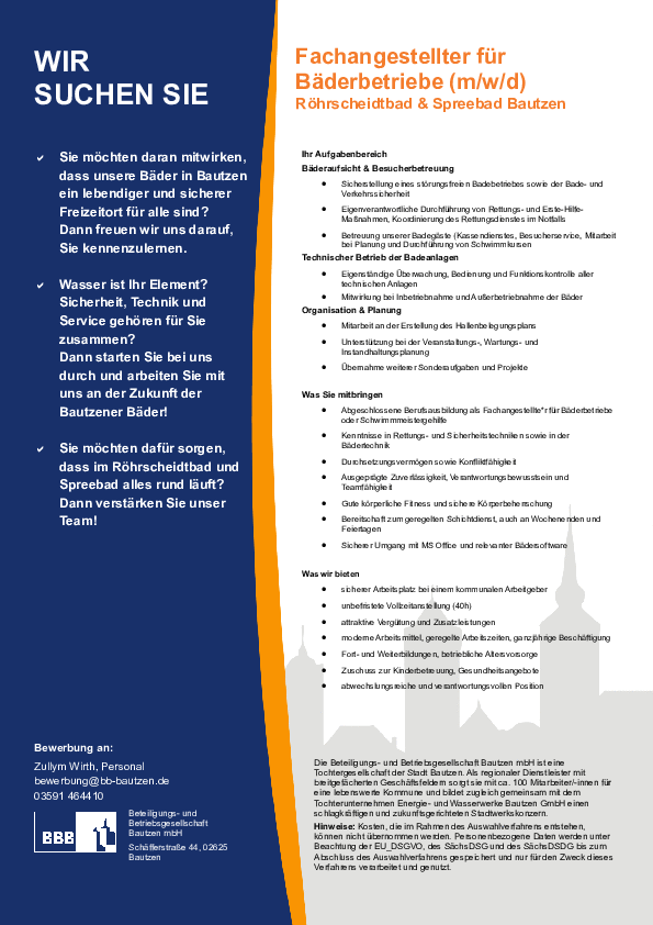 Stellenausschreibung als PDF-Dokument zum Herunterladen: Fachangestellter für Bäderbetriebe (m/w/d)