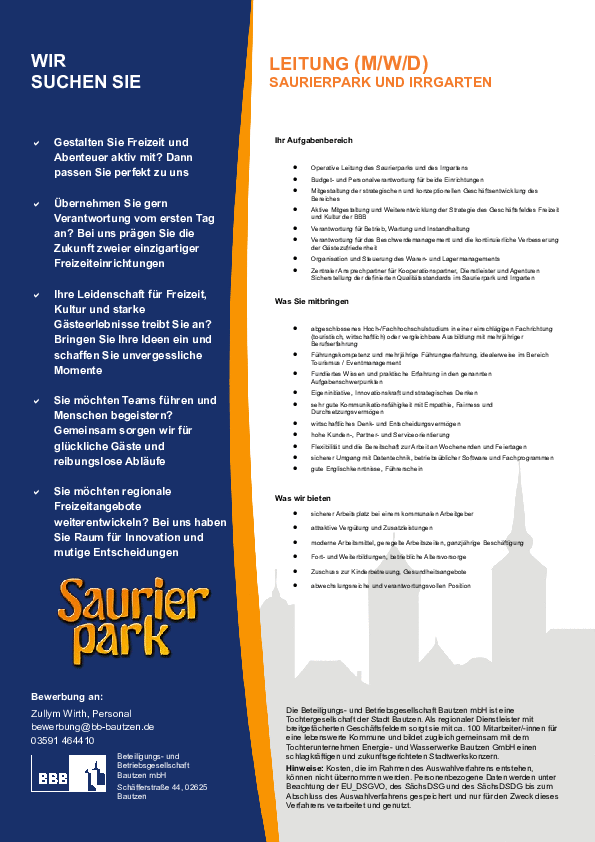 Stellenausschreibung als PDF-Dokument zum Herunterladen: Leitung (m/w/d) Saurierpark und Irrgarten